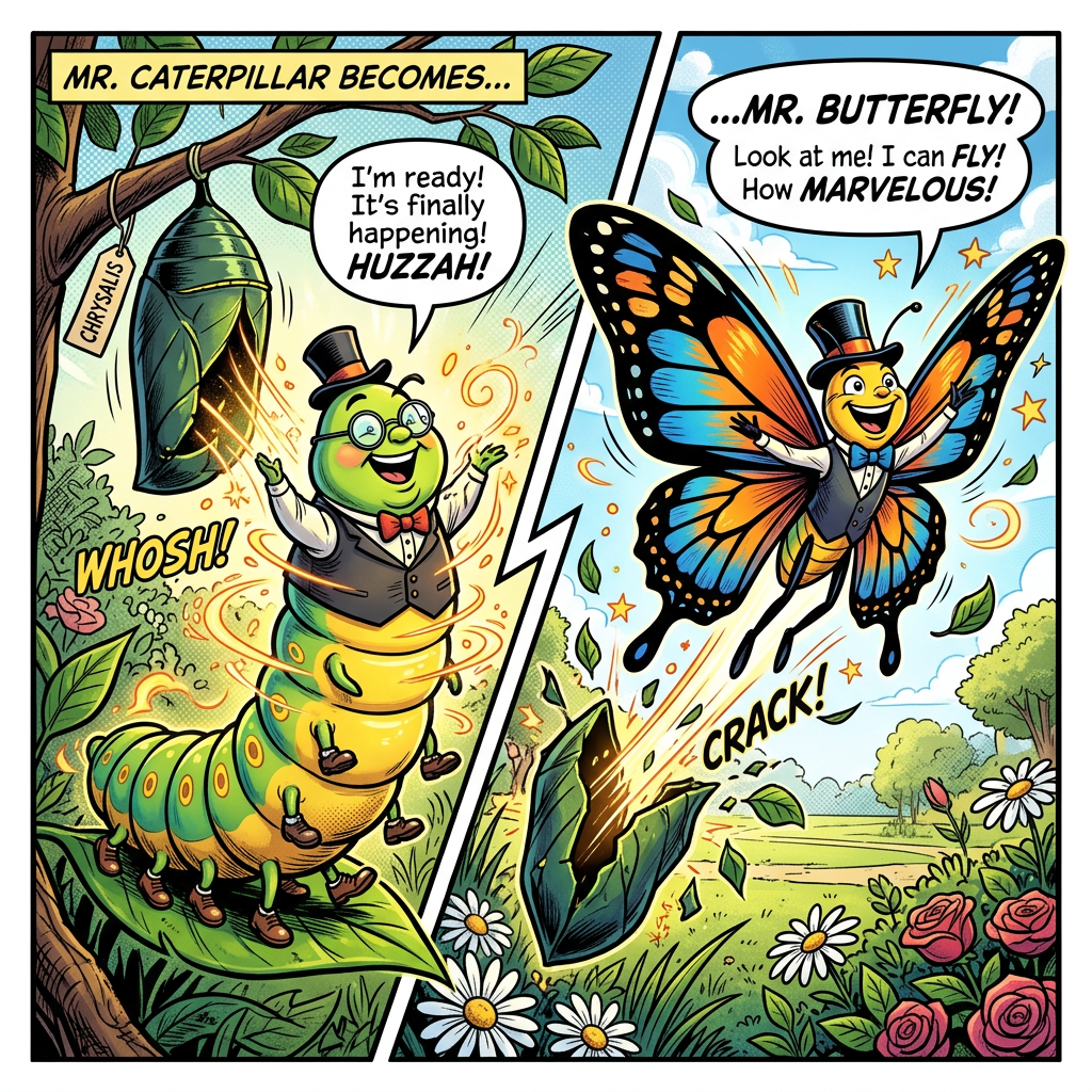 Comic panel of a caterpillar transforming into a flying butterfly