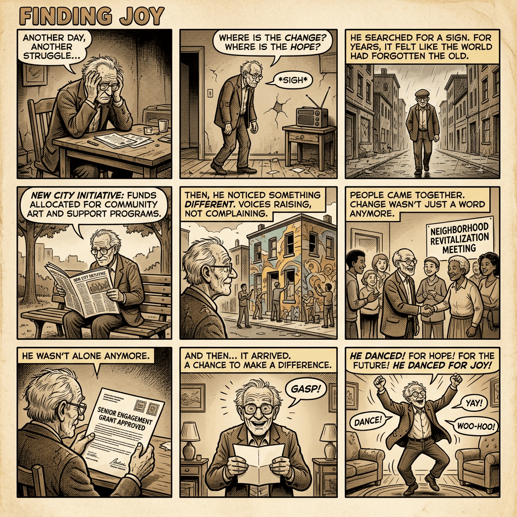 Nine-panel comic, “FINDING JOY,” showing a lonely senior finding hope through community arts funding, a neighborhood meeting, and dancing; text includes “ANOTHER DAY, ANOTHER STRUGGLE...,” “WHERE IS THE CHANGE? WHERE IS THE HOPE?,” “HE SEARCHED FOR A SIGN. FOR YEARS, IT FELT LIKE THE WORLD HAD FORGOTTEN THE OLD,” “NEW CITY INITIATIVE: FUNDS ALLOCATED FOR COMMUNITY ART AND SUPPORT PROGRAMS,” “THEN, HE NOTICED SOMETHING DIFFERENT. VOICES RAISING, NOT COMPLAINING.,” “PEOPLE CAME TOGETHER. CHANGE WASN’T JUST A WORD ANYMORE.,” “NEIGHBORHOOD REVITALIZATION MEETING,” “HE WASN’T ALONE ANYMORE.,” “SENIOR ENGAGEMENT GRANT APPROVED,” “AND THEN... IT ARRIVED. A CHANCE TO MAKE A DIFFERENCE.,” and “HE DANCED. FOR HOPE! FOR THE FUTURE! HE DANCED FOR JOY!”