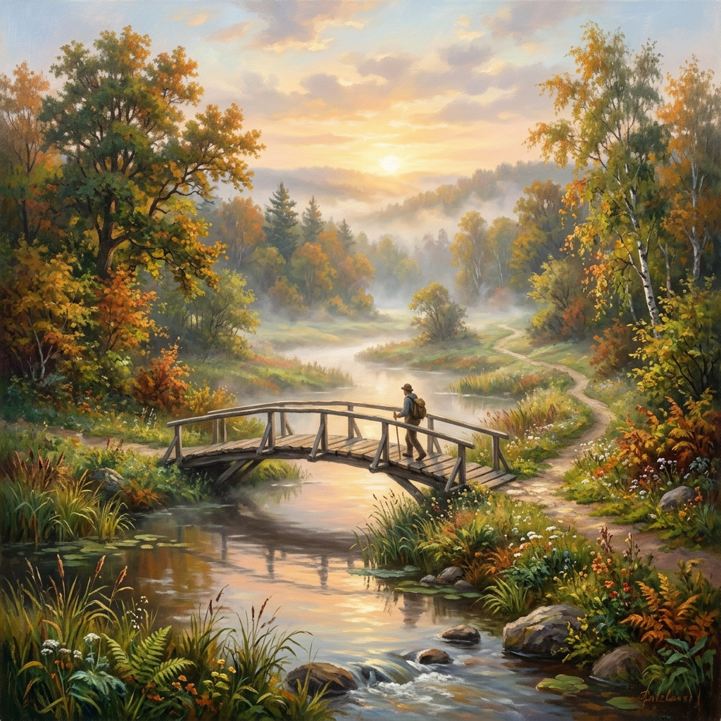 Traveler crossing a wooden bridge over a stream in an autumn forest