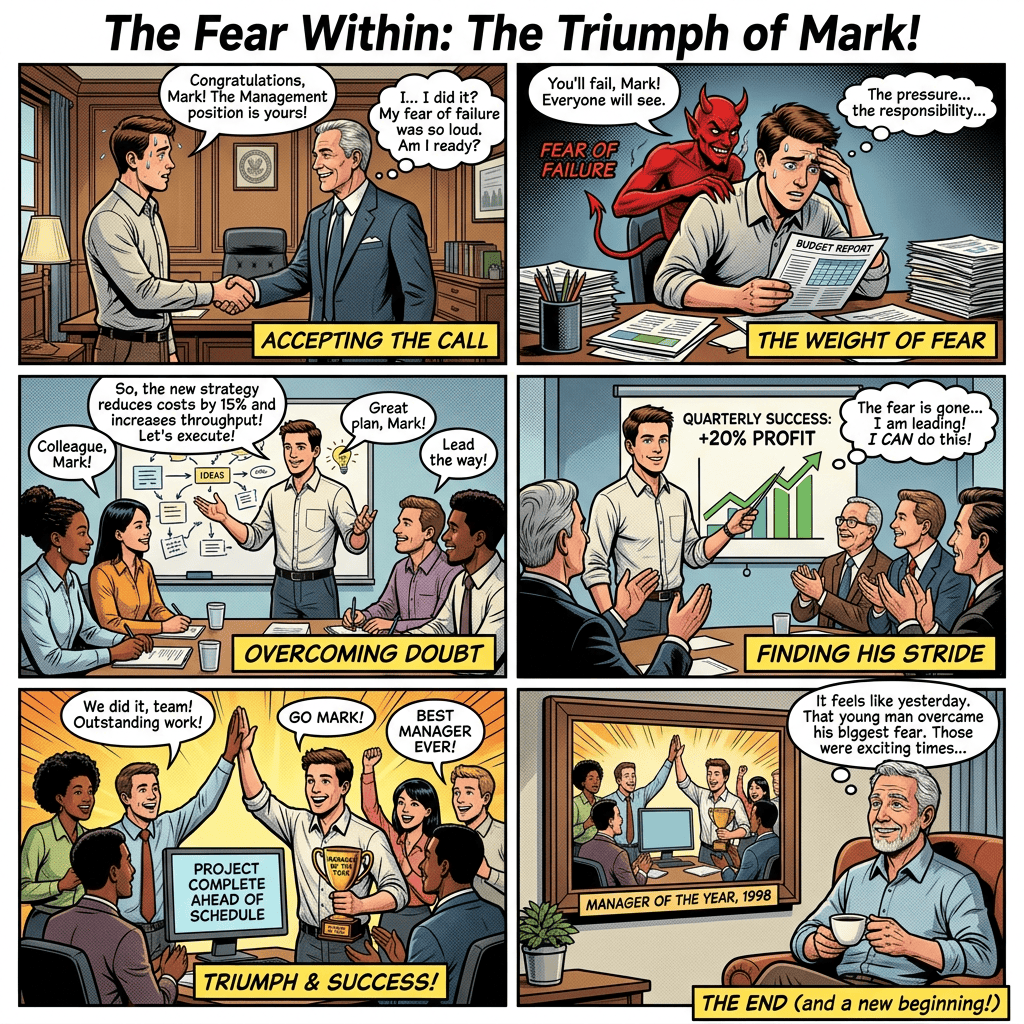 Comic titled The Fear Within: The Triumph of Mark, showing Mark overcoming fear and succeeding as a manager