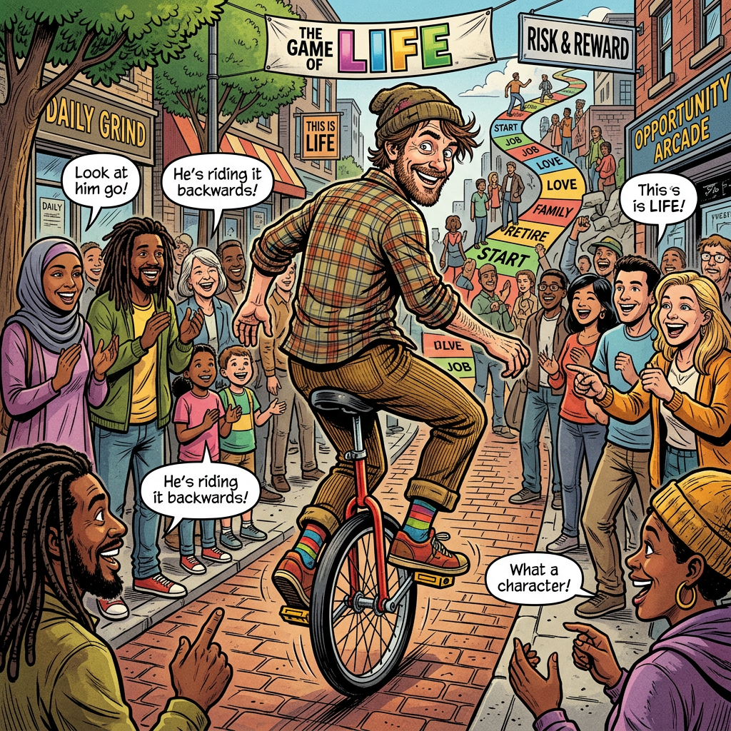 Comic cyclist riding backward through crowd beneath “THE GAME OF LIFE” and “RISK & REWARD” signs