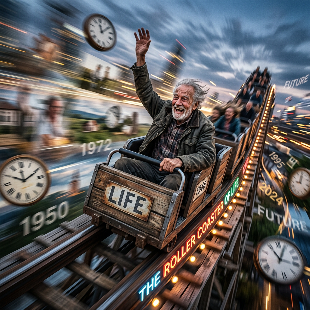 Older man rides LIFE roller coaster past clocks and years 1950, 1972, 1995, 2024.