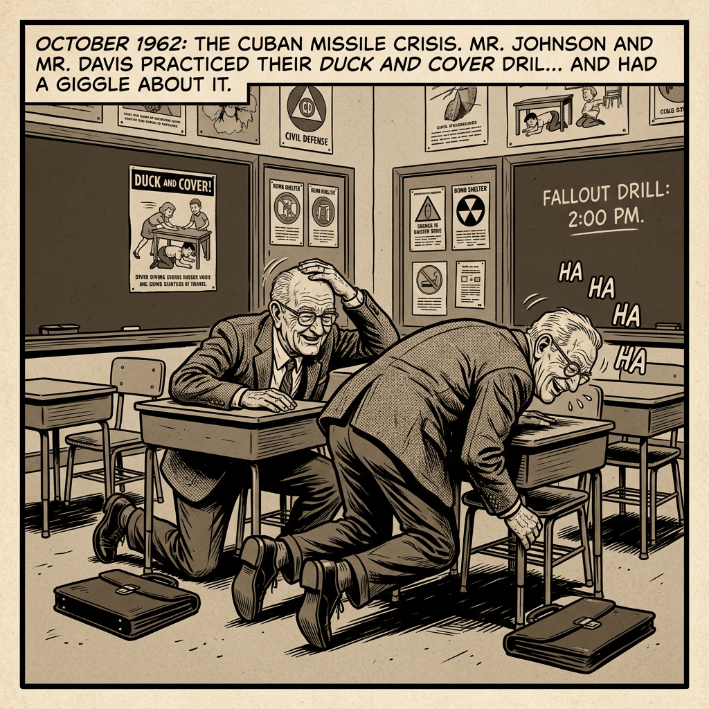 Comic reads “October 1962: The Cuban Missile Crisis”; two men practice duck and cover amid fallout drill posters.