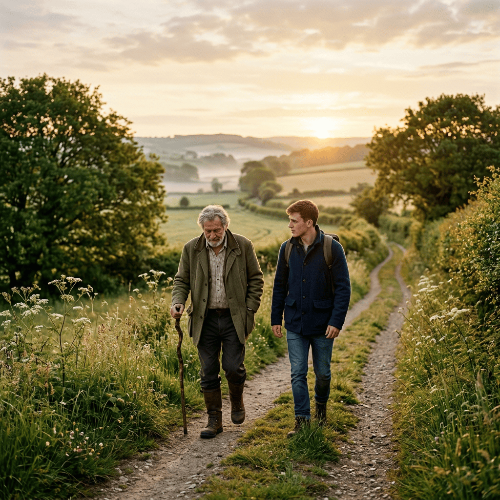 Older man and younger companion walking a countryside path at sunrise