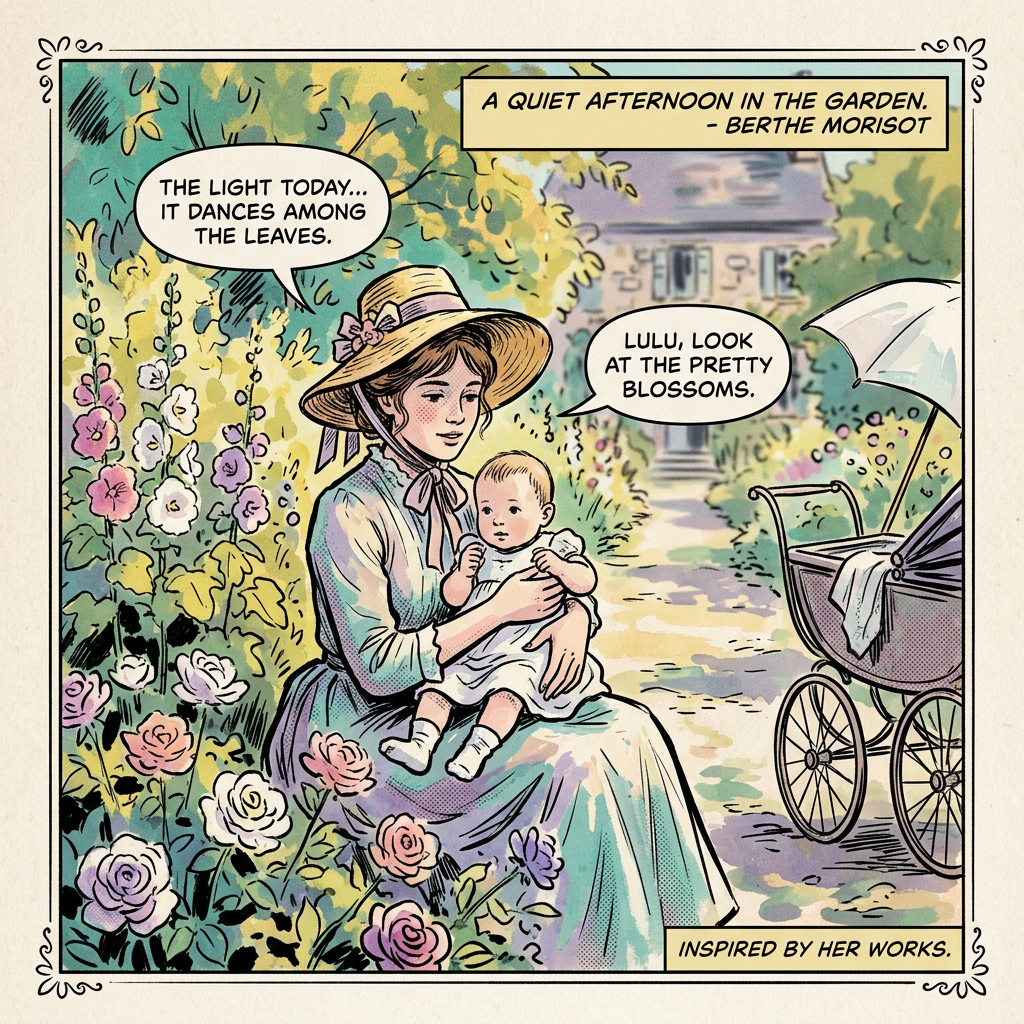 Comic panel text: “A QUIET AFTERNOON IN THE GARDEN. - BERTHE MORISOT”; “THE LIGHT TODAY... IT DANCES AMONG THE LEAVES.”; “LULU, LOOK AT THE PRETTY BLOSSOMS.”; “INSPIRED BY HER WORKS.”