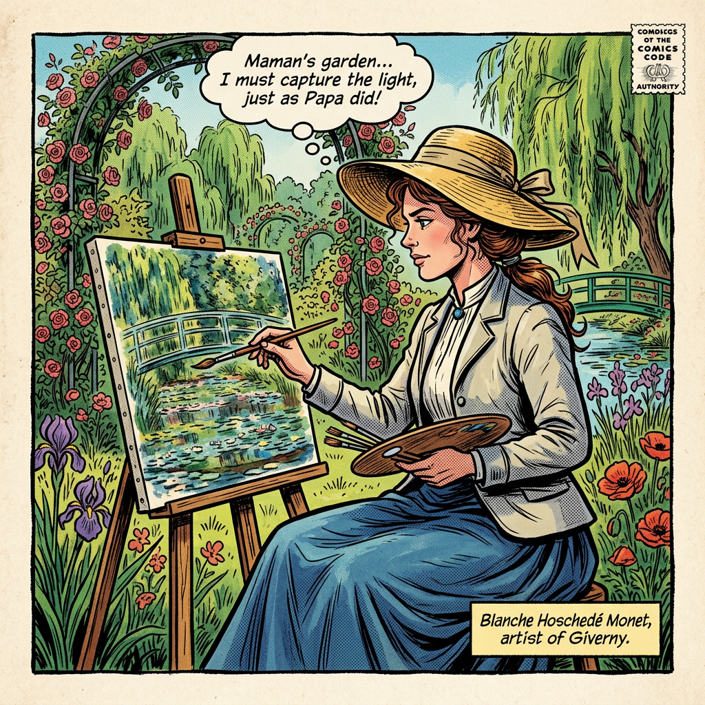 Blanche Hoschedé Monet paints in a garden; text reads: “Maman’s garden... I must capture the light, just as Papa did!” and “Blanche Hoschedé Monet, artist of Giverny.”