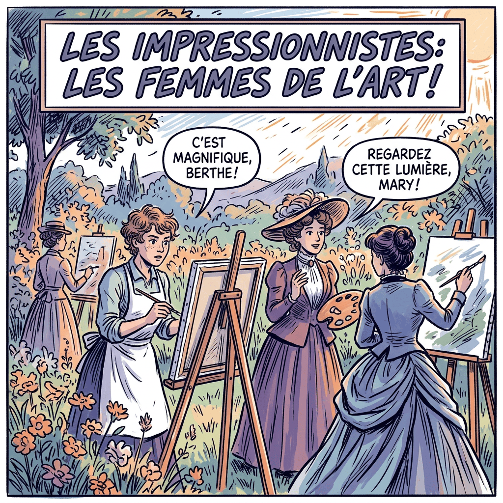 Comic titled “LES IMPRESSIONNISTES: LES FEMMES DE L’ART!” showing women painting outdoors; speech bubbles read “C’EST MAGNIFIQUE, BERTHE!” and “REGARDEZ CETTE LUMIÈRE, MARY!”