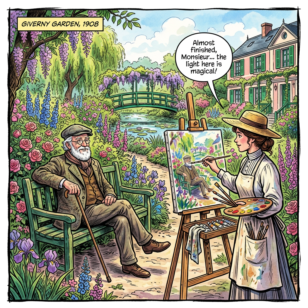 Giverny Garden, 1908; artist painting a seated man. “Almost finished, Monsieur... the light here is magical!”