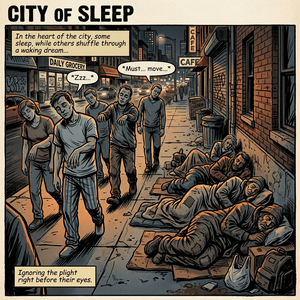 Sleepwalkers passing poor and homeless