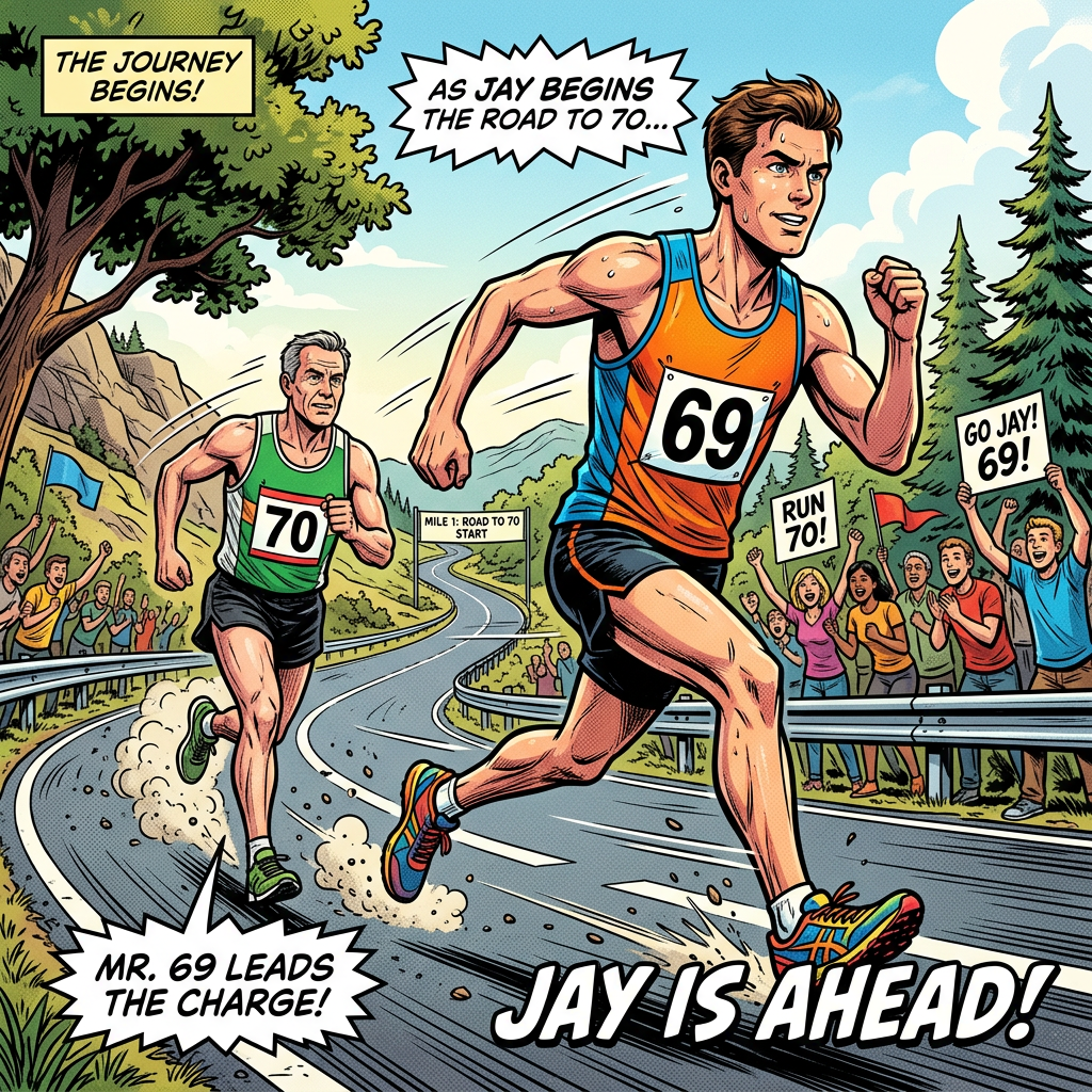 Mr 69 runs ahead of Mr 70 on Jay’s journey
