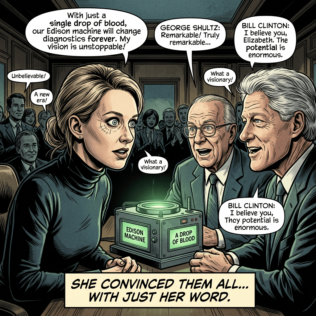Comic panel text: “With just a single drop of blood, our Edison machine will change diagnostics forever. My vision is unstoppable!” George Shultz: “Remarkable! Truly remarkable...” Bill Clinton: “I believe you, Elizabeth. The potential is enormous.” Other bubbles say “Unbelievable!”, “A new era!”, and “What a visionary!” Machine labels read “EDISON MACHINE” and “A DROP OF BLOOD.” Bottom caption: “SHE CONVINCED THEM ALL... WITH JUST HER WORD.”