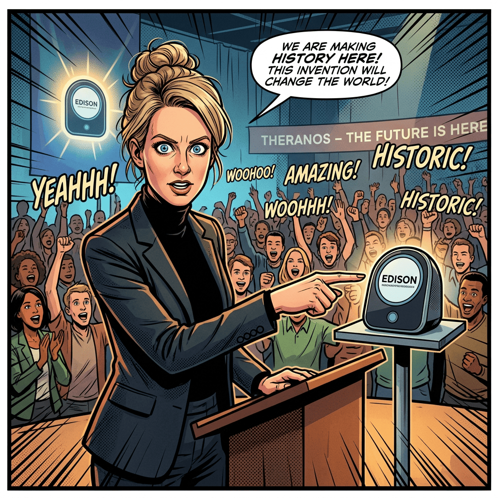 Comic panel with a woman presenting an EDISON device; text reads “WE ARE MAKING HISTORY HERE! THIS INVENTION WILL CHANGE THE WORLD!”, “THERANOS – THE FUTURE IS HERE,” “YEAHHH!”, “WOOHOO!”, “AMAZING!”, “WOOHHH!”, and “HISTORIC!”