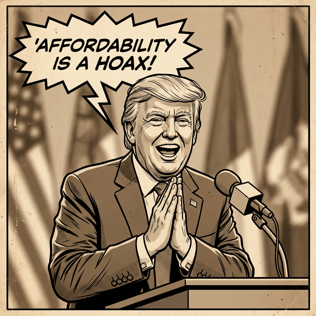 Comic-style politician at podium saying “AFFORDABILITY IS A HOAX!”