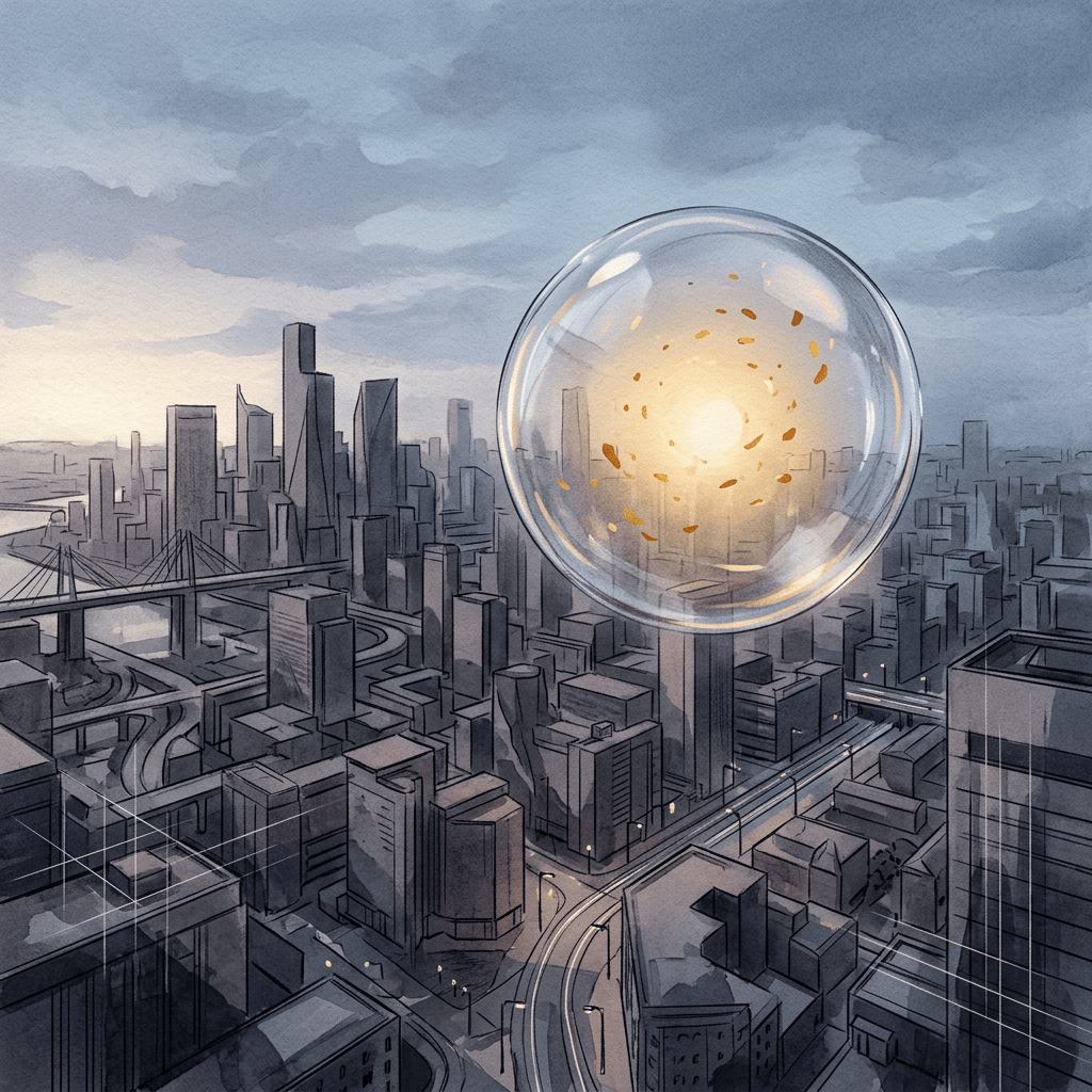 Glowing transparent sphere hovering above a futuristic city at dusk