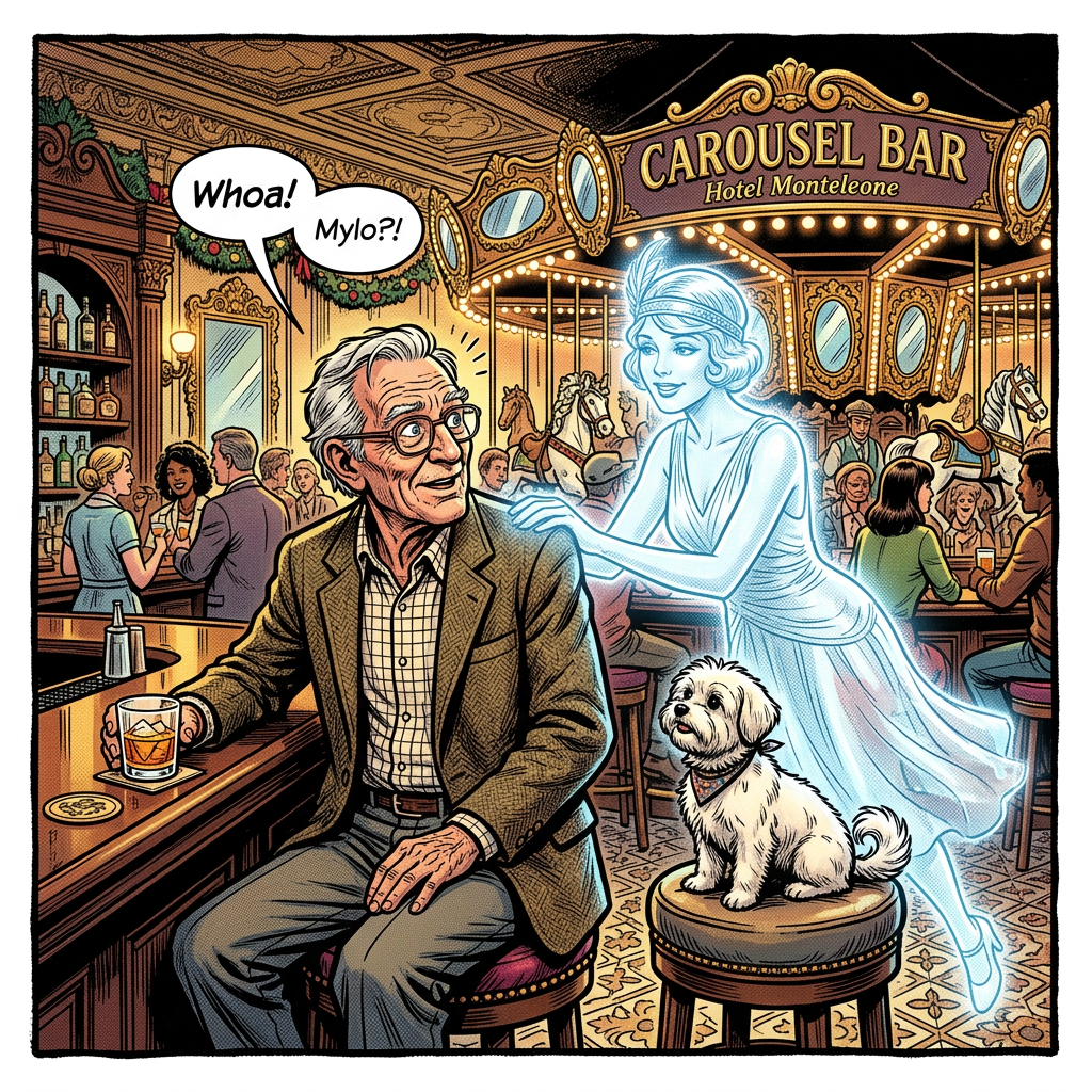 Comic-style scene at Carousel Bar Hotel Monteleone with a man, ghostly woman, and dog