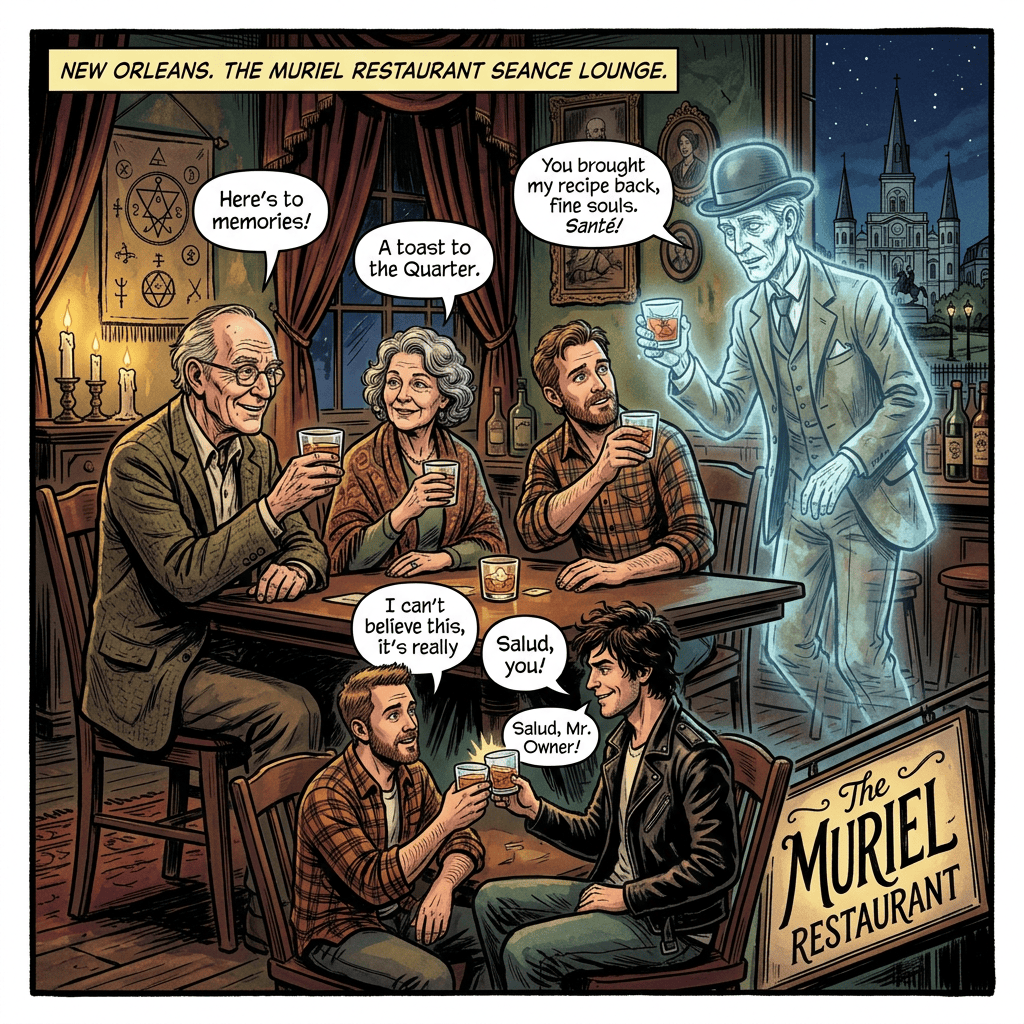 Comic panel text: “NEW ORLEANS. THE MURIEL RESTAURANT SEANCE LOUNGE.” Speech bubbles read “Here’s to memories!”, “A toast to the Quarter.”, “You brought my recipe back, fine souls. Santé!”, “I can’t believe this, it’s really”, “Salud, you!”, and “Salud, Mr. Owner!” Sign reads “The MURIEL RESTAURANT.”