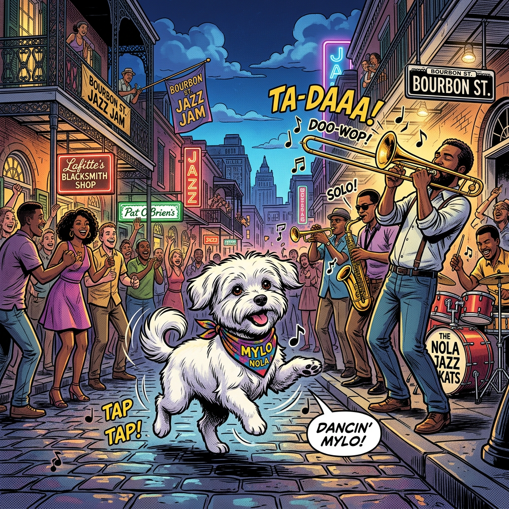 White dog Mylō dances on Bourbon Street amid jazz musicians and crowds; signs read Bourbon St. Jazz Jam, Lafitte’s Blacksmith Shop, Pat O’Brien’s, TA-DAAA!, Doo-wop!, SOLO!, TAP TAP!, DANCIN’ MYLO!, MYLO NOLA, and The Nola Jazz Kats.