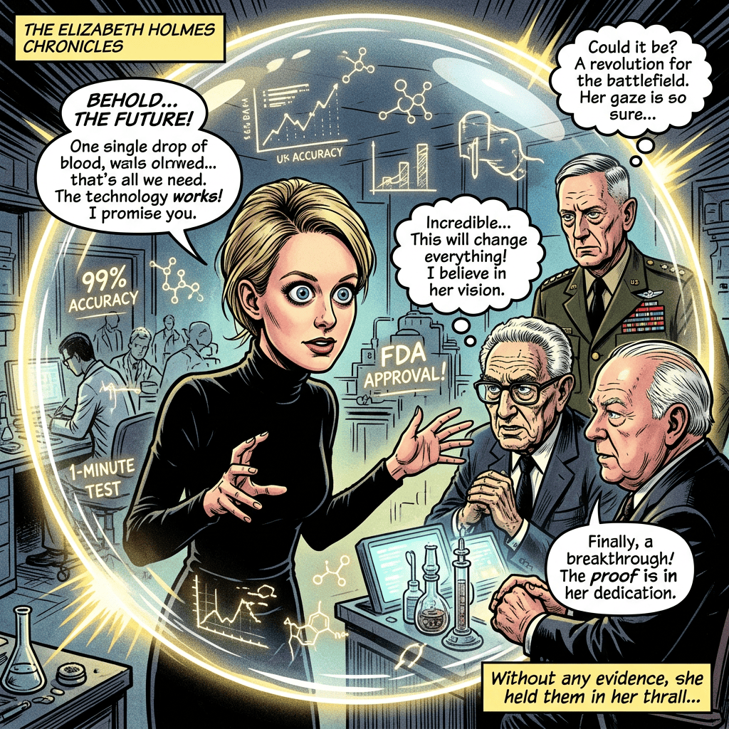 Comic panel titled THE ELIZABETH HOLMES CHRONICLES: a woman presents blood-testing technology to officials amid claims of 99% accuracy, a 1-minute test, FDA approval, and breakthrough proof; speech bubbles read BEHOLD... THE FUTURE! One single drop of blood, wails olmwed... that's all we need. The technology works! I promise you.; Could it be? A revolution for the battlefield. Her gaze is so sure...; Incredible... This will change everything! I believe in her vision.; Finally, a breakthrough! The proof is in her dedication. Caption reads Without any evidence, she held them in her thrall...