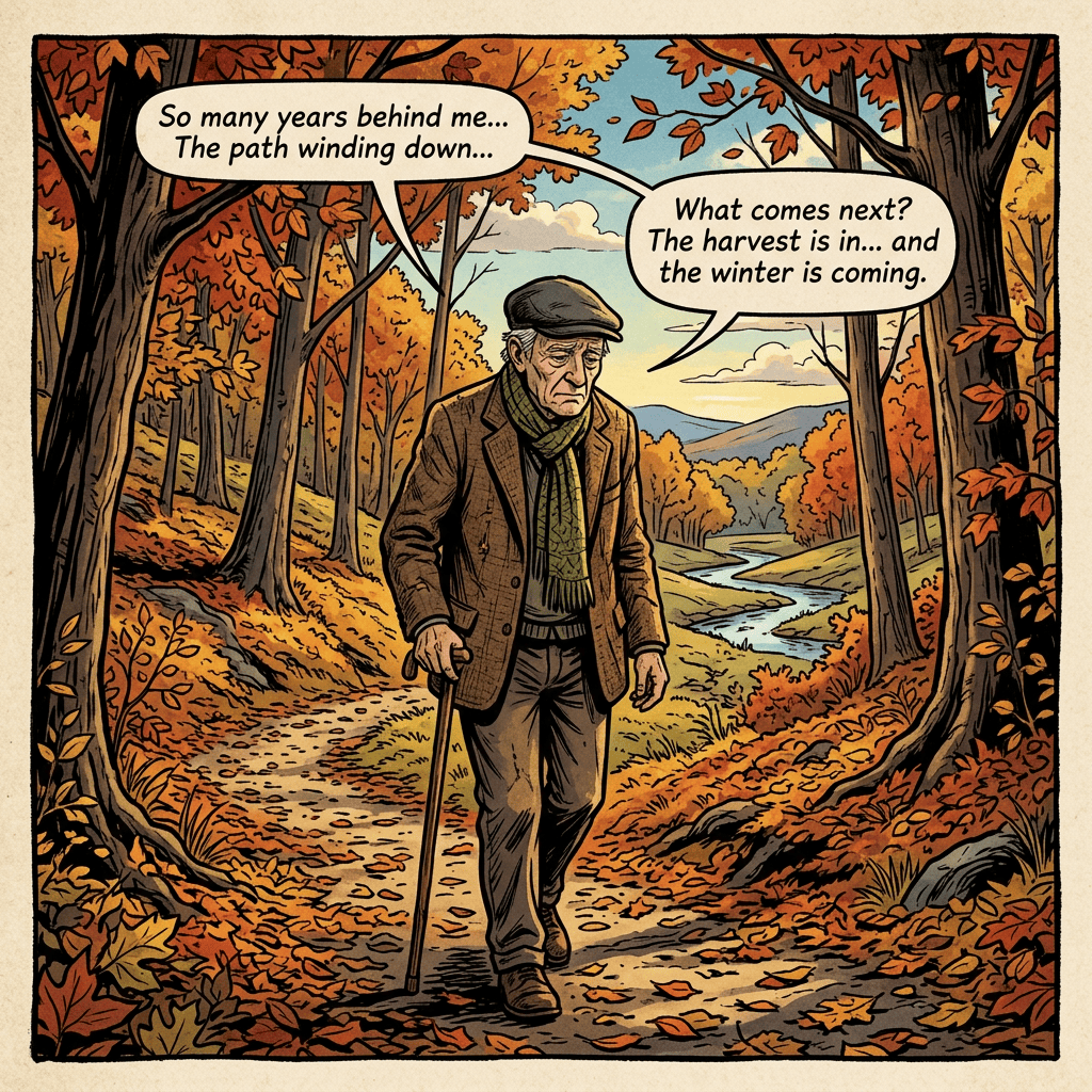 Older man walking forest path; speech bubbles read, “So many years behind me... The path winding down...” and “What comes next? The harvest is in... and the winter is coming.”