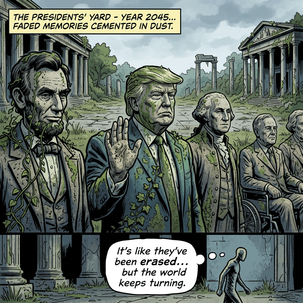 Comic panel text: “THE PRESIDENTS’ YARD - YEAR 2045... FADER MEMORIES CEMENTED IN DUST.” “It’s like they’ve been erased... but the world keeps turning.”