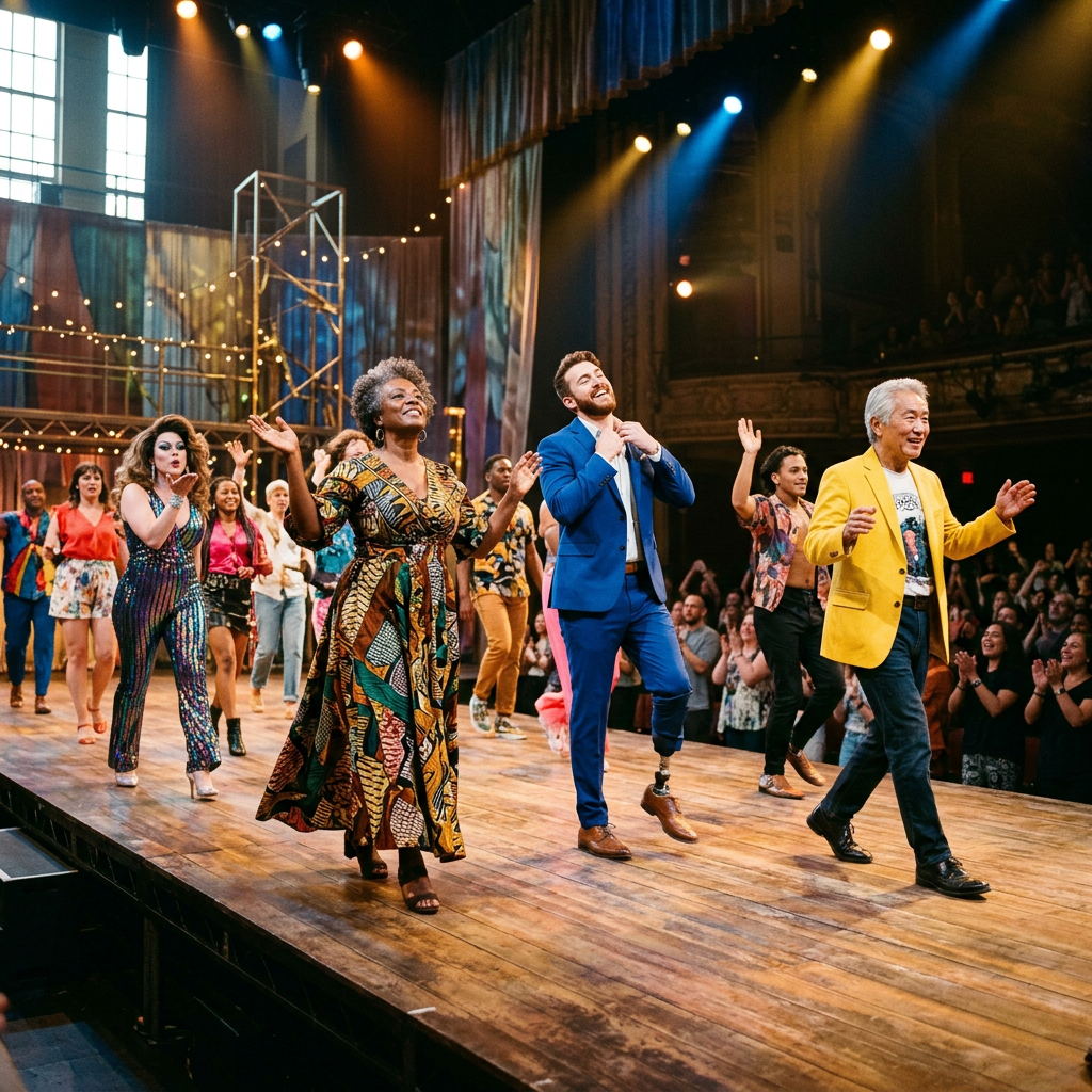 Diverse musical theater cast dancing onstage as audience applauds