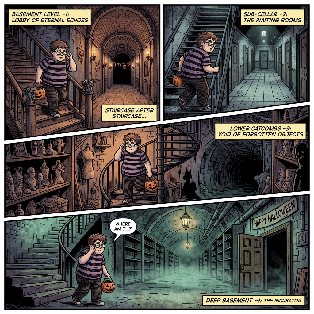 Comic panels labeled Basement Level -1: Lobby of Eternal Echoes; Sub-Cellar -2: The Waiting Rooms; Lower Catacombs -3: Void of Forgotten Objects; Deep Basement -4: The Incubator; speech reads Where Am I...? and Happy Halloween.