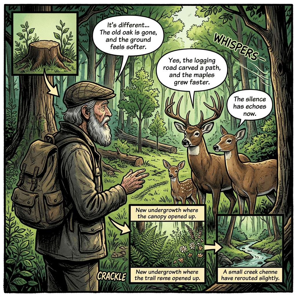 Comic panel: “It’s different... The old oak is gone, and the ground feels softer.” “Yes, the logging road carved a path, and the maples grew faster.” “The silence has echoes now.” “WHISPERS—” “New undergrowth where the canopy opened up.” “A small creek channel have rerouted slightly.” “CRACKLE” “New undergrowth where the trail revere opened up.”