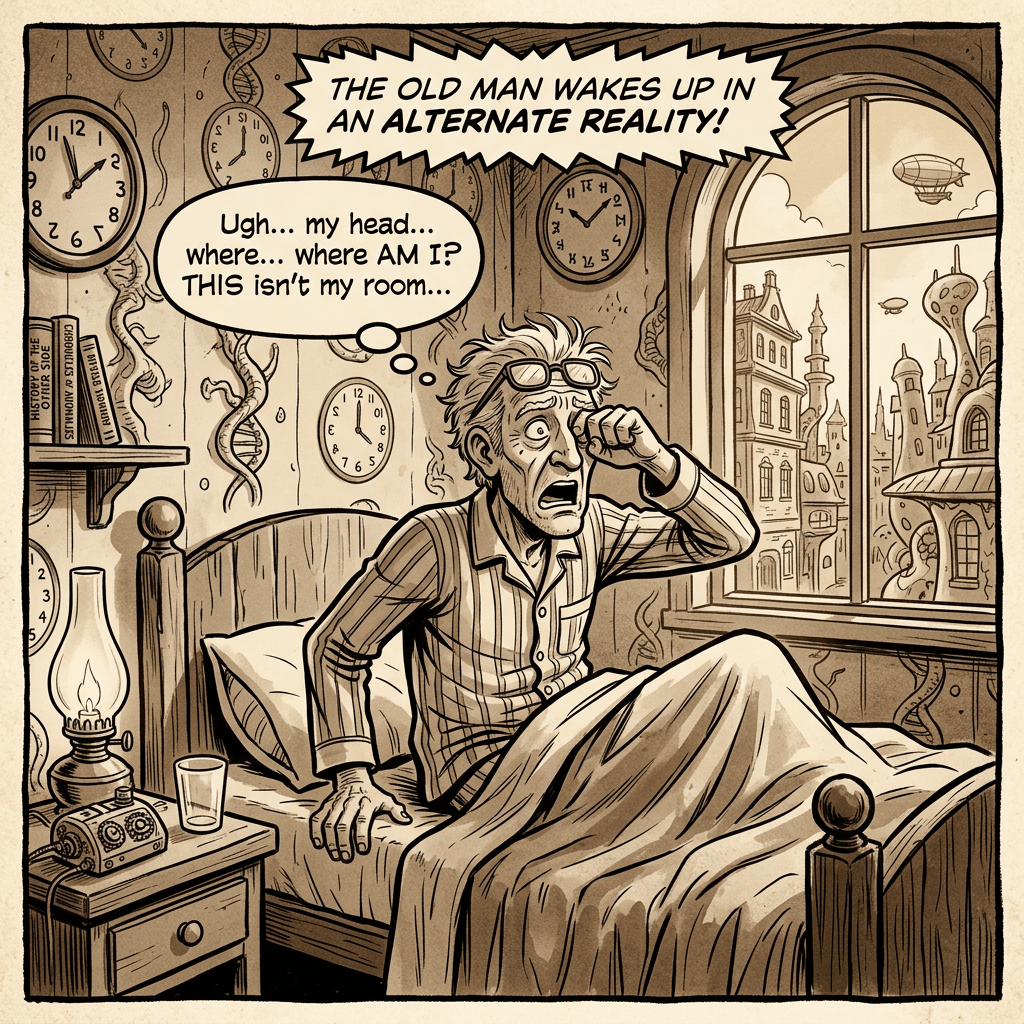 Comic panel text: THE OLD MAN WAKES UP IN AN ALTERNATE REALITY! Ugh... my head... where... where AM I? THIS isn't my room...