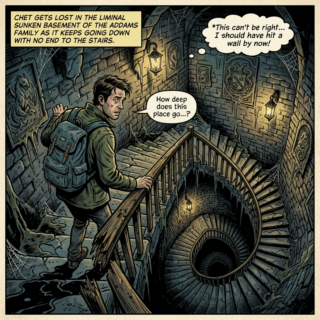 Chett descends endless stairs in the Addams family basement, asking how deep it goes