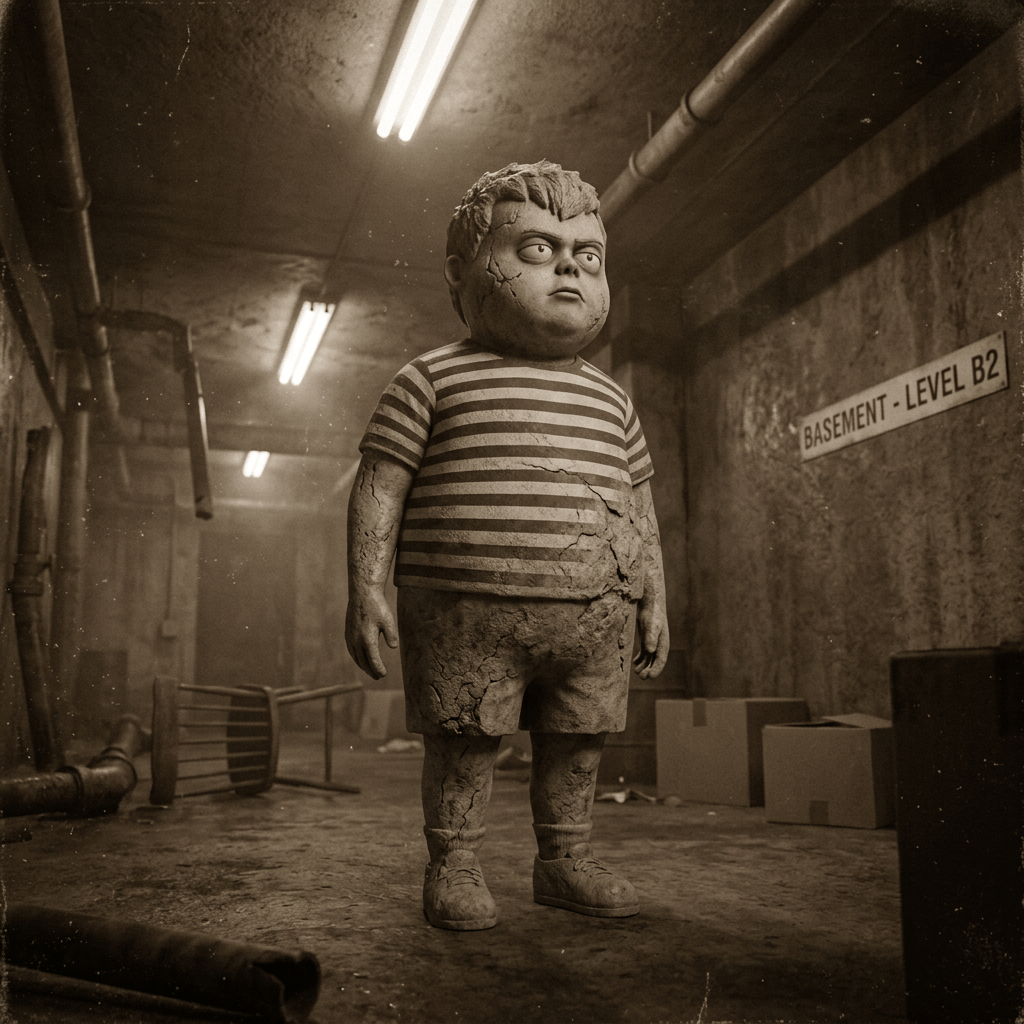 Cracked childlike figure in striped shirt standing in basement marked LEVEL B2