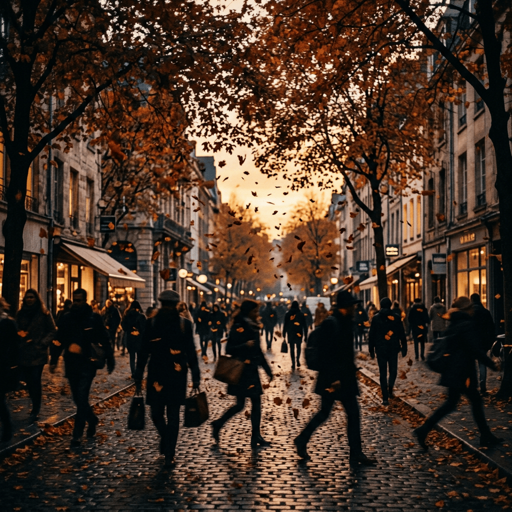 Crowded cobblestone shopping street lined with autumn trees and falling leaves
