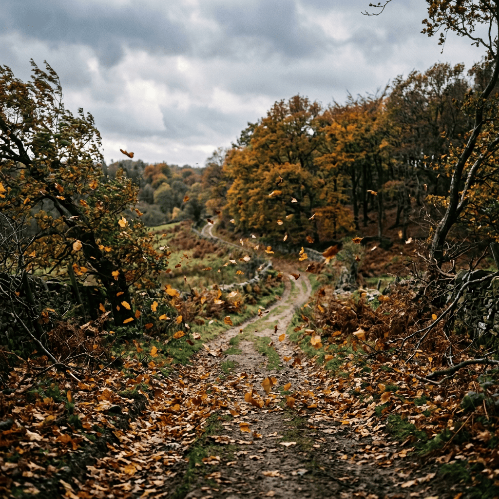 Leaf-covered path winding through an autumn woodland beneath cloudy skies