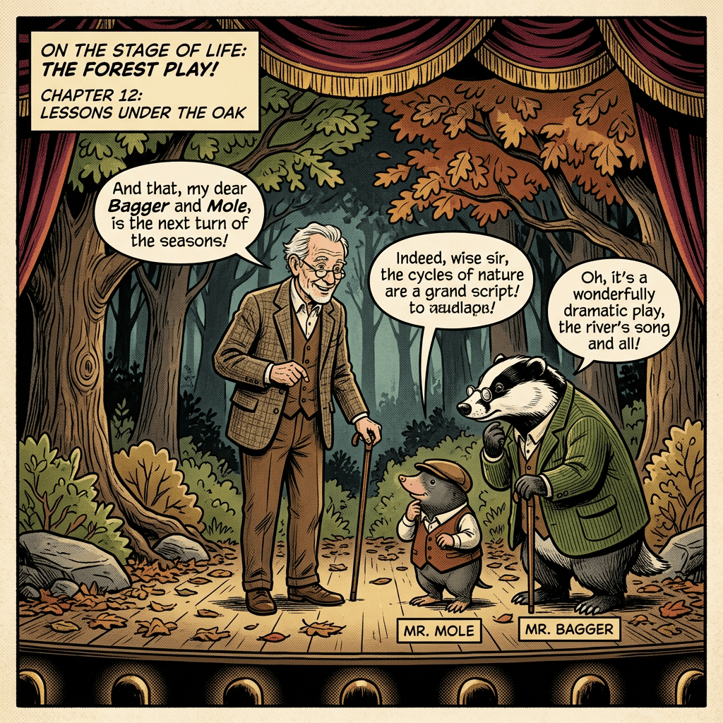 Illustrated forest play scene with Mr. Mole, Mr. Badger, and an elderly man