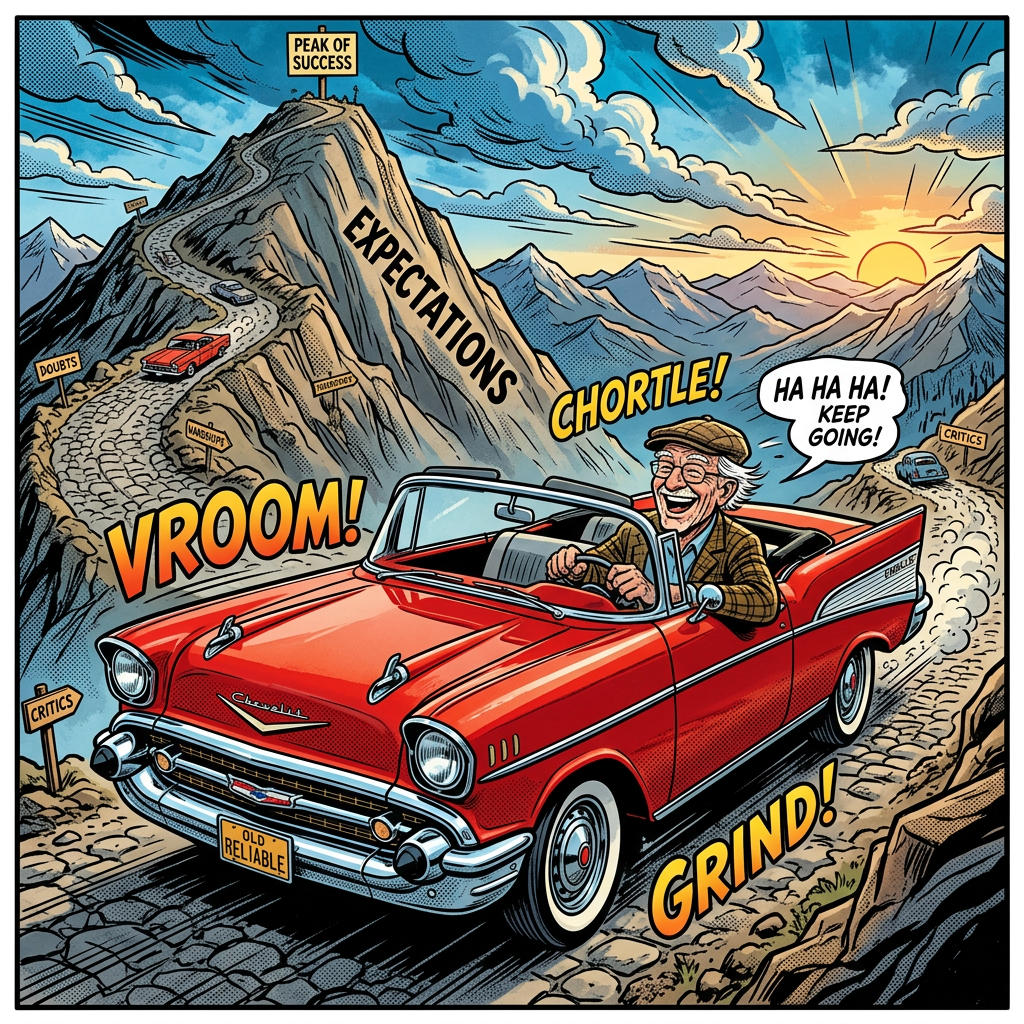 Red convertible climbs mountain marked EXPECTATIONS, with signs DOUBTS, HARDSHIPS, CRITICS, and PEAK OF SUCCESS.