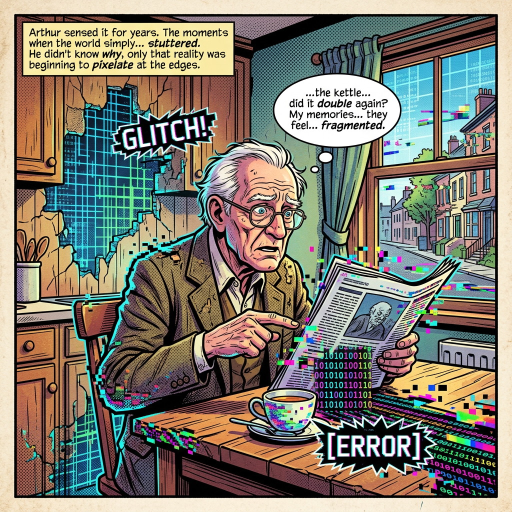 Comic panel text: “Arthur sensed it for years. The moments when the world simply... stuttered. He didn't know why, only that reality was beginning to pixelate at the edges.” “...the kettle... did it double again? My memories... they feel... fragmented.” “GLITCH!” and “[ERROR]”; elderly man reading a newspaper amid pixelated digital distortions.