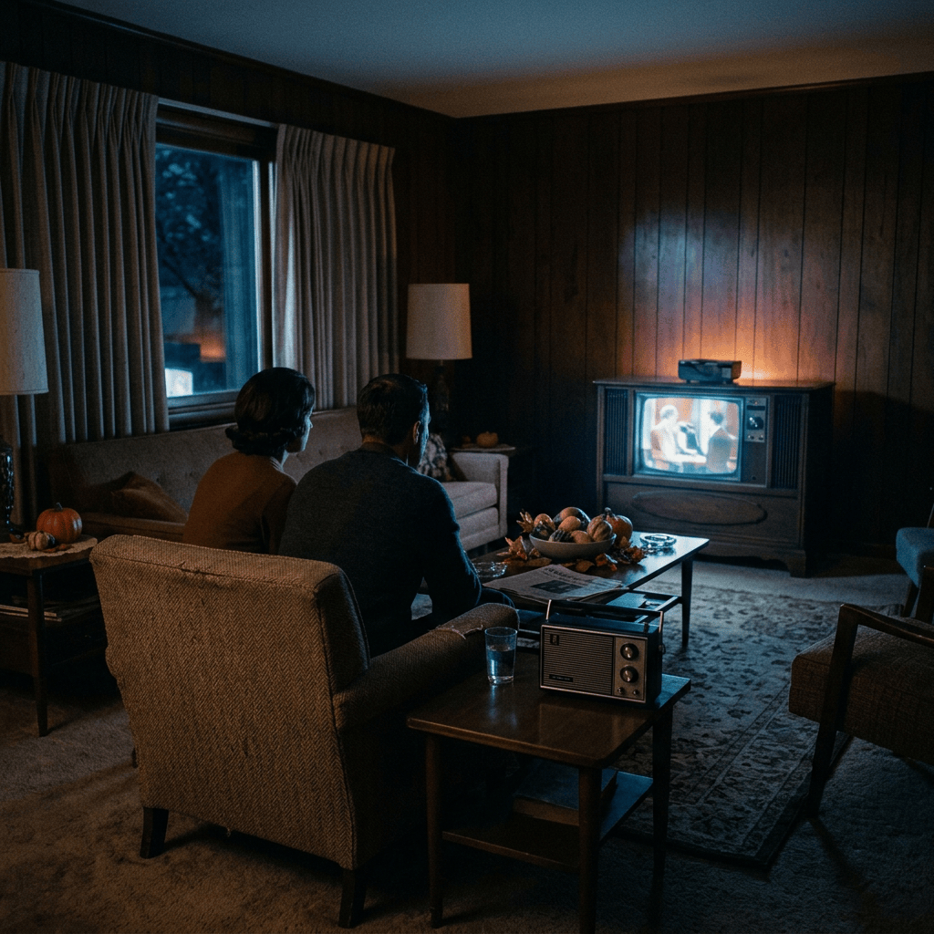 Two people watching a vintage television in a dimly lit living room