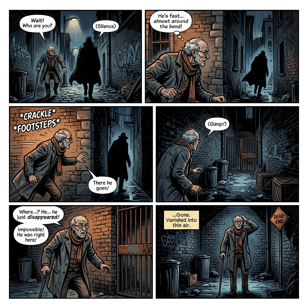 Six-panel comic: an old man follows a silent figure who vanishes; text reads “Wait! Who are you?”, “He’s fast... almost around the bend!”, “There he goes!”, “Where...? He... he just disappeared!”, and “Gone. Vanished into thin air.”