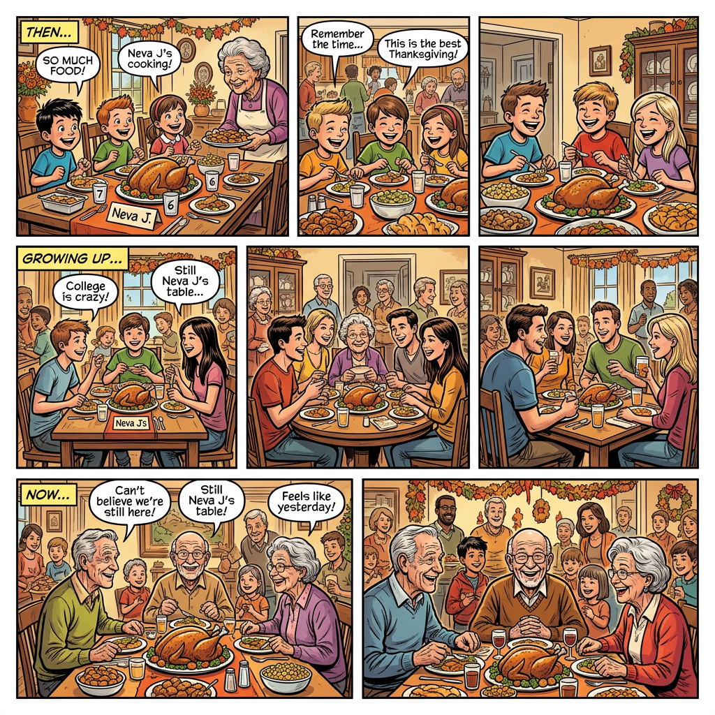 Comic showing generations sharing Thanksgiving meals at Neva J’s table, with text: “THEN…,” “GROWING UP…,” and “NOW…”