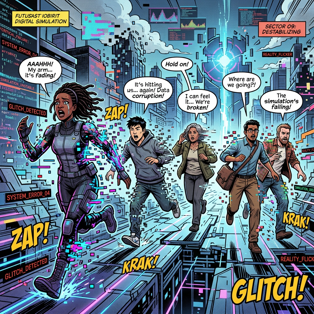 Four people running through a glitching city; GLITCH, ZAP, and KRAK appear